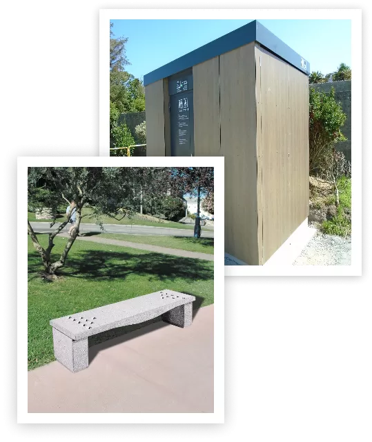 Two pictures of street furniture: concrete benches and toilets
