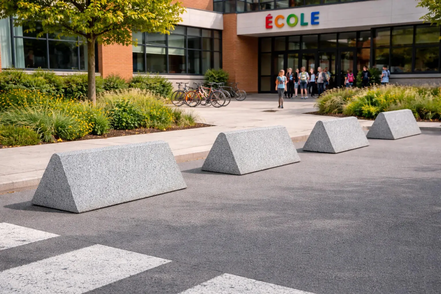 borne anti-stationnement réglementation Borne béton triangulaire devant une école