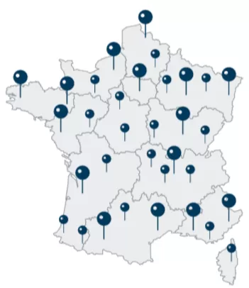 Carte de France avec toutes les implantations Francioli épinglées