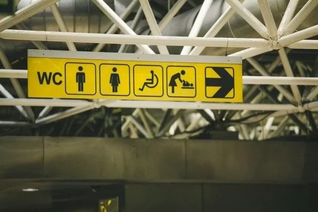 Pancarte jaune indiquant la direction des toilettes et sanitaires