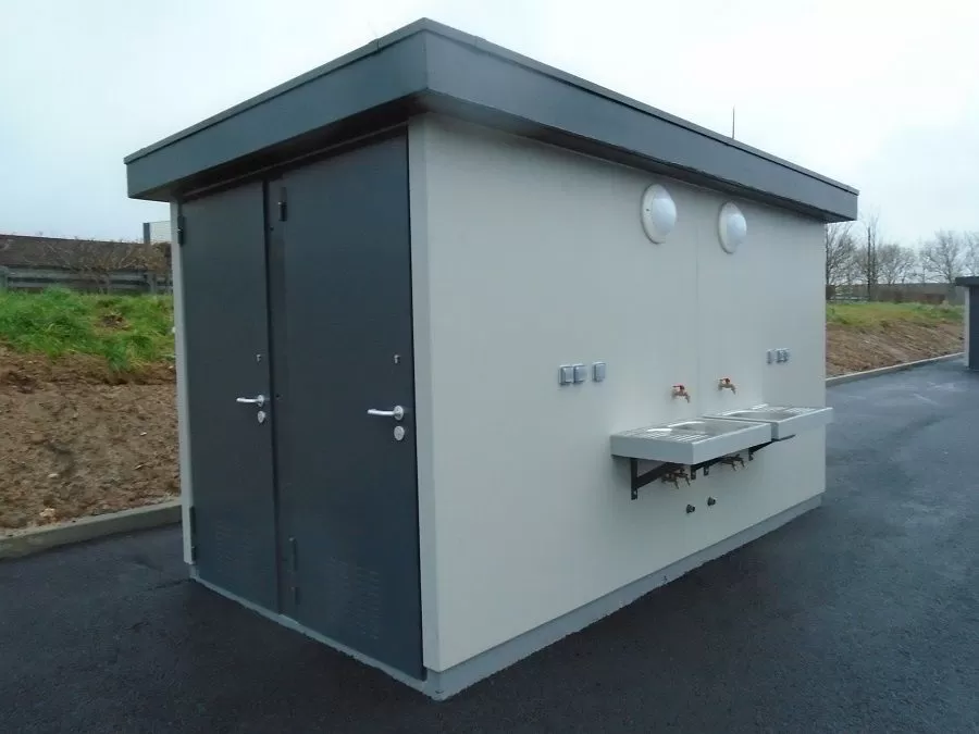 Public toilets with grey exterior sinks