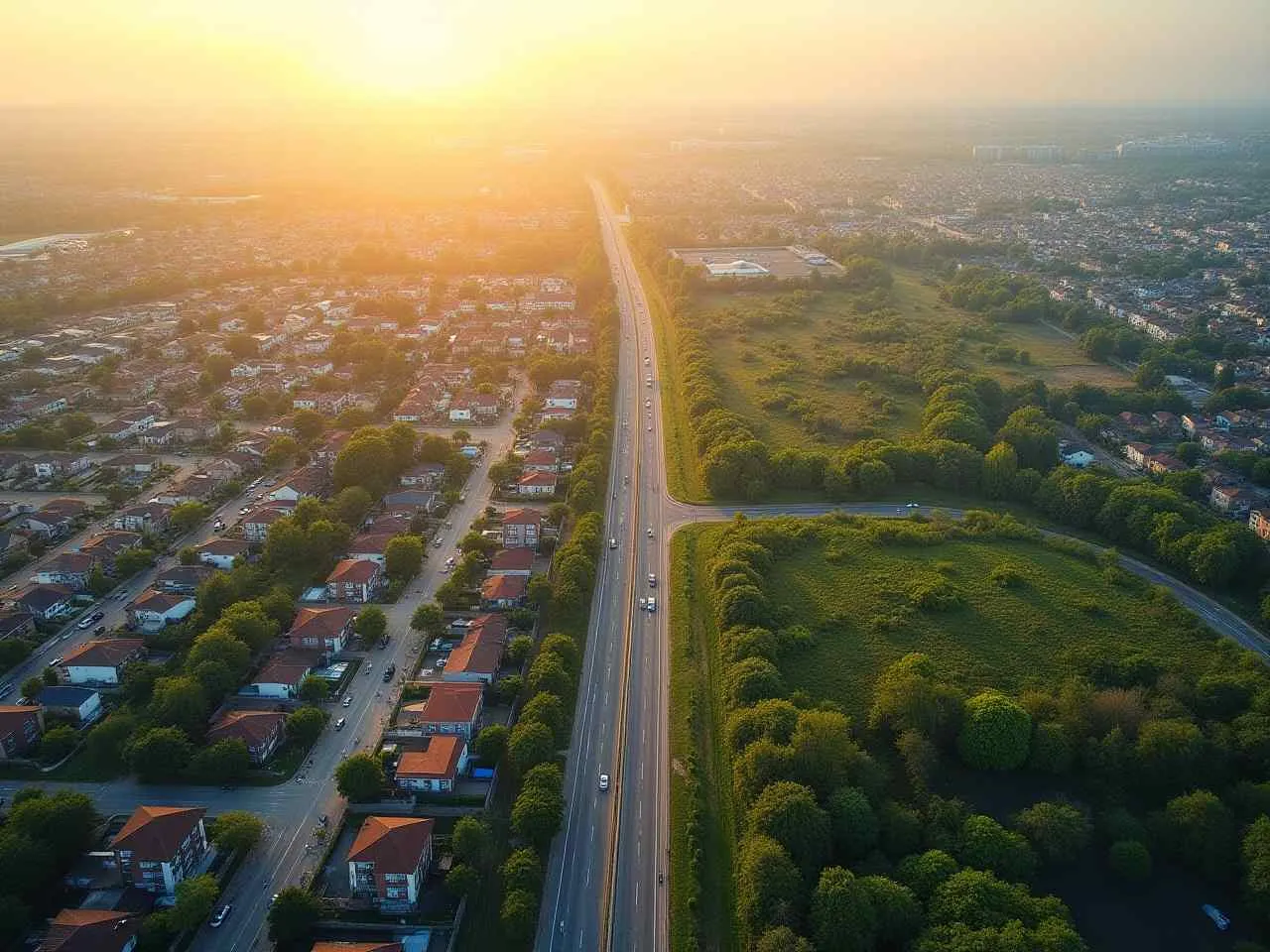 Vue aérienne d'une ville française au coucher de soleil