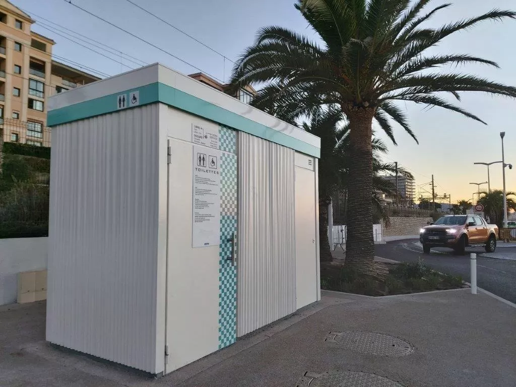 White and blue public toilets in Cannes